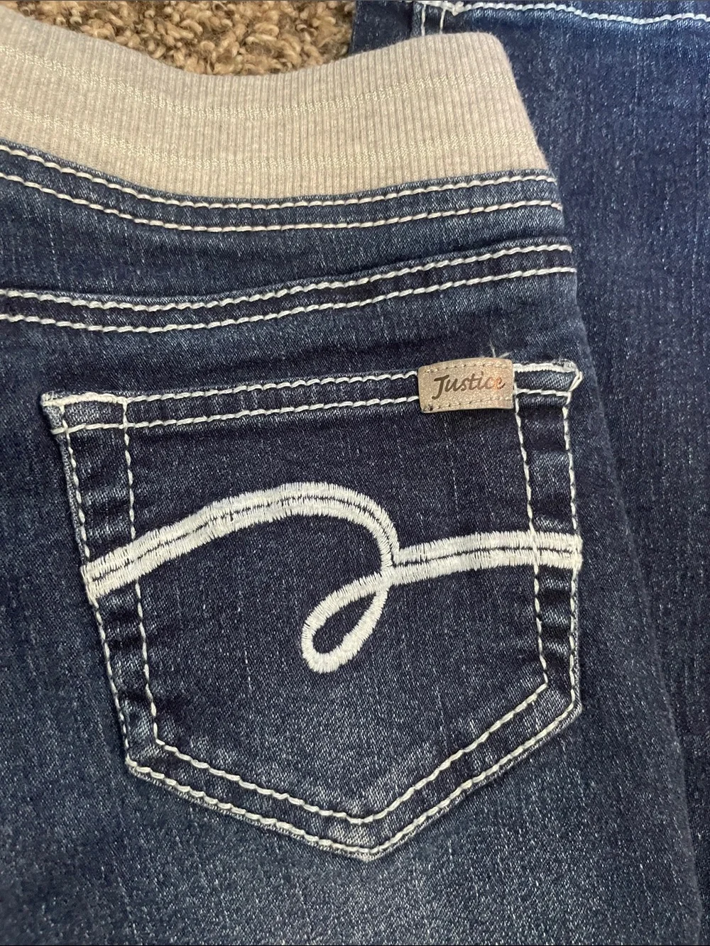 Justice Dark Blue Jean Jeggings with Light Cream Knit Waistband